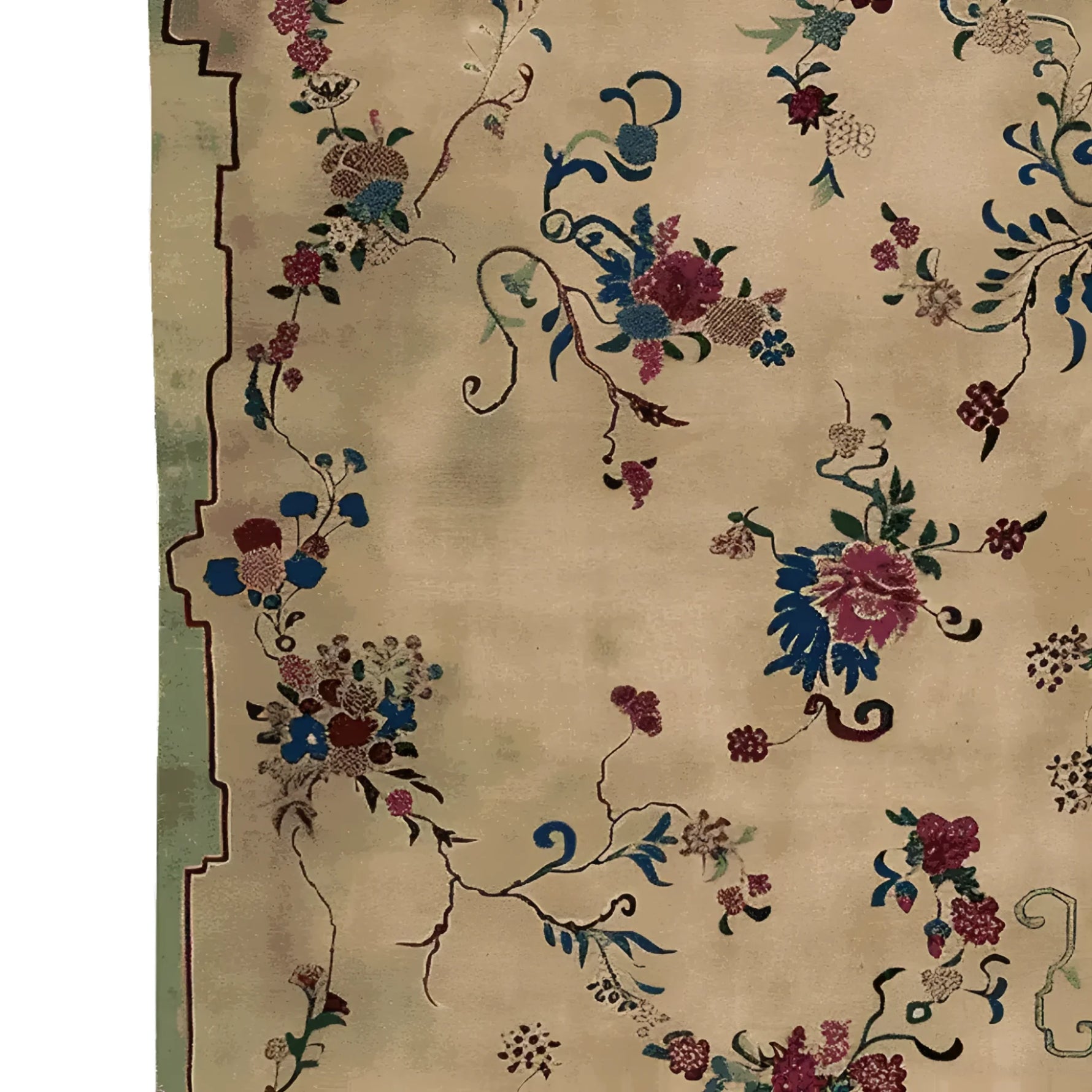 A beautifully crafted Old World Charm Hand Knotted Area Rug featuring intricate floral patterns in vibrant blues, reds, and greens on a soft beige background. This wool rug is perfect for enhancing living room decor, especially in an 8x10 setting. Ideal for those seeking elegant living room area rugs with a touch of vintage flair.