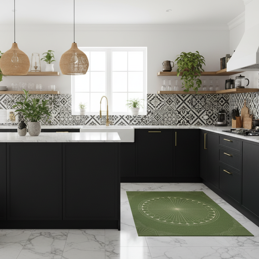 Olive Green Moon Art Deco Hand Tufted Wool Rug