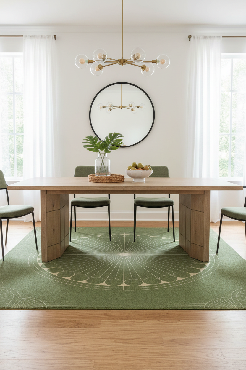 Olive Green Moon Art Deco Hand Tufted Wool Rug