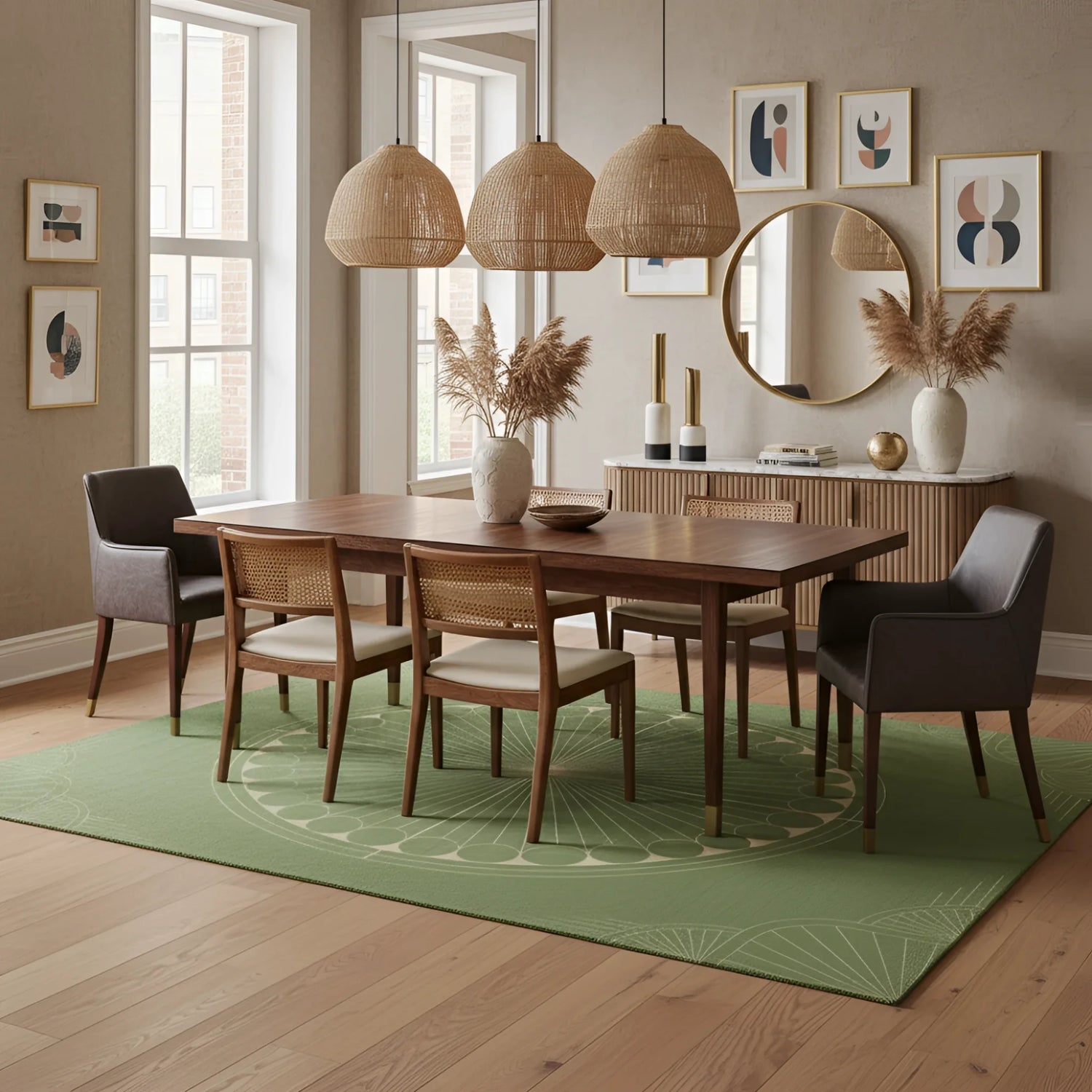 Olive Green Moon Art Deco Hand Tufted Wool Rug