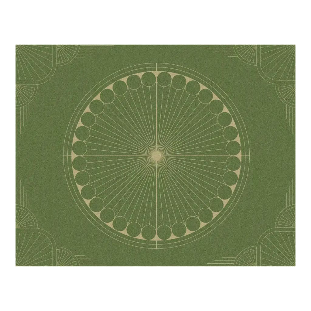 Top view of an Olive Green Moon Art Deco Hand Tufted Wool Rug, featuring a striking circular design with intricate geometric patterns, perfect for adding elegance to any living room or office. This area rug is an ideal choice for those seeking stylish wool rugs for living room or versatile office rugs.