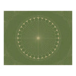 Top view of an Olive Green Moon Art Deco Hand Tufted Wool Rug, featuring a striking circular design with intricate geometric patterns, perfect for adding elegance to any living room or office. This area rug is an ideal choice for those seeking stylish wool rugs for living room or versatile office rugs.