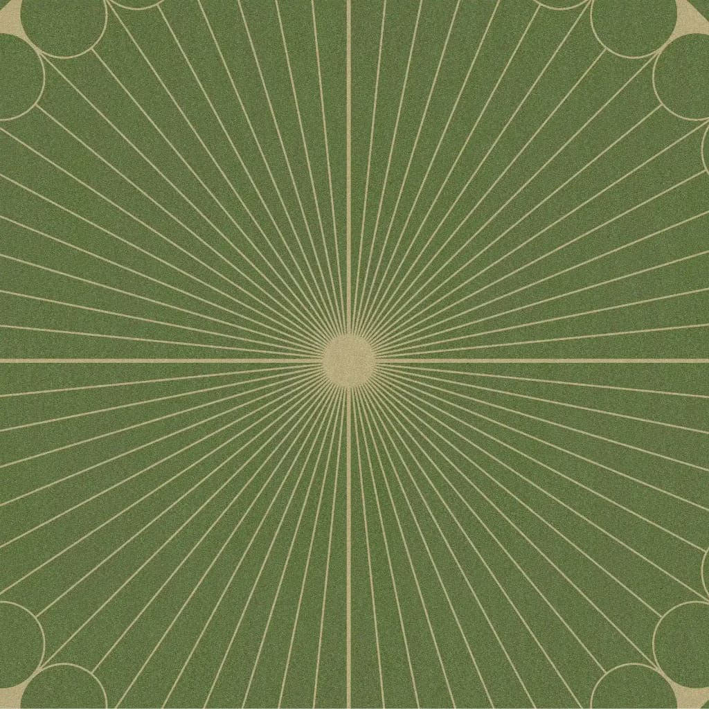 Top view of an Olive Green Moon Art Deco Hand Tufted Wool Rug, showcasing its elegant radial pattern. This area rug, perfect for living rooms and offices, features a soothing olive green color with intricate deco lines extending from the center. Ideal for adding a touch of sophistication to any space, this wool rug is both stylish and functional.