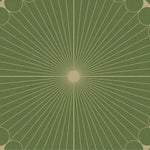 Top view of an Olive Green Moon Art Deco Hand Tufted Wool Rug, showcasing its elegant radial pattern. This area rug, perfect for living rooms and offices, features a soothing olive green color with intricate deco lines extending from the center. Ideal for adding a touch of sophistication to any space, this wool rug is both stylish and functional.