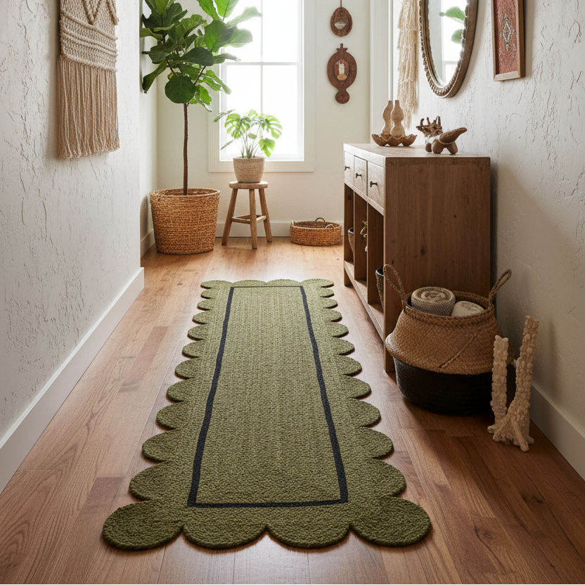 Olive Green Scallop Jute Rug
