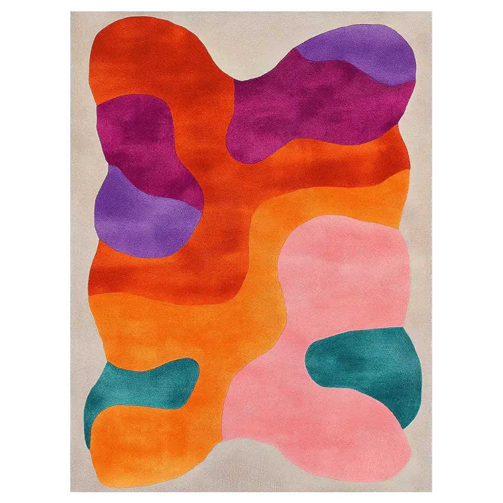Vibrant and colorful Opulent Aurora Hand Tufted Wool Rug featuring abstract shapes in bold hues of orange, pink, purple, and teal. Ideal for adding a splash of color to large living rooms, this area rug showcases a unique design that perfectly complements modern decor.