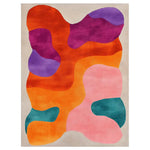 Vibrant and colorful Opulent Aurora Hand Tufted Wool Rug featuring abstract shapes in bold hues of orange, pink, purple, and teal. Ideal for adding a splash of color to large living rooms, this area rug showcases a unique design that perfectly complements modern decor.