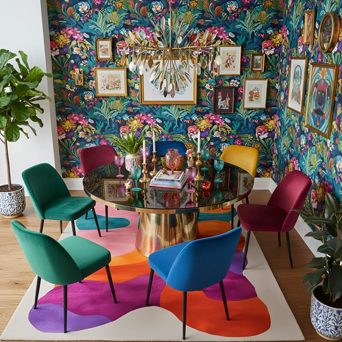 Colorful dining room with a round table and multicolored chairs against a floral wall.
