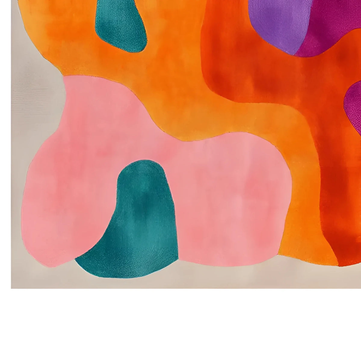 Vibrant and colorful area rug featuring abstract shapes in shades of orange, pink, teal, and purple. This wool rug is perfect for adding a splash of color to large living room spaces, enhancing your home decor with its modern design.