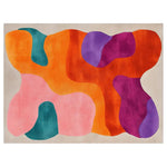 Vibrant Opulent Aurora Hand Tufted Wool Rug featuring bold abstract shapes in orange, purple, pink, and teal. This eye-catching area rug is perfect for enhancing living room aesthetics with its large size and luxurious wool texture.