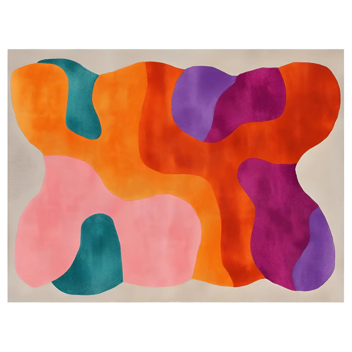Vibrant Opulent Aurora Hand Tufted Wool Rug featuring bold abstract shapes in orange, purple, pink, and teal. This eye-catching area rug is perfect for enhancing living room aesthetics with its large size and luxurious wool texture.