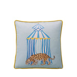 Opulent coastal leopard throw pillow featuring a playful leopard design in front of a striped tent, perfect for adding a touch of elegance to any living space.