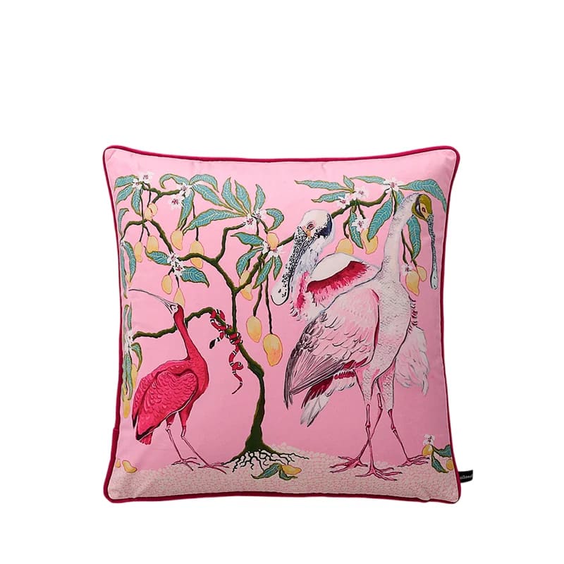 Opulent decorative throw pillow featuring exotic birds and botanical designs on a pink background, perfect for adding a vibrant touch to any room.
