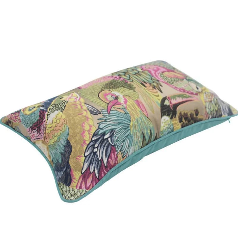 Colorful throw pillow featuring vibrant jungle birds on a textured fabric, ideal for adding a touch of exotic elegance to your decor.