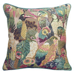 Colorful throw pillow featuring a vibrant jungle aviary design with various tropical birds, adding a touch of exotic elegance to any living space.