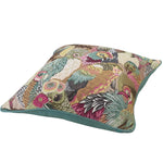 Colorful throw pillow featuring a vibrant jungle aviary design with various birds and floral patterns.