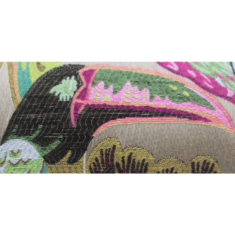 Colorful opulent jungle aviary throw pillow cover featuring intricate patterns and vibrant bird motifs, perfect for adding a touch of exotic elegance to your home decor.