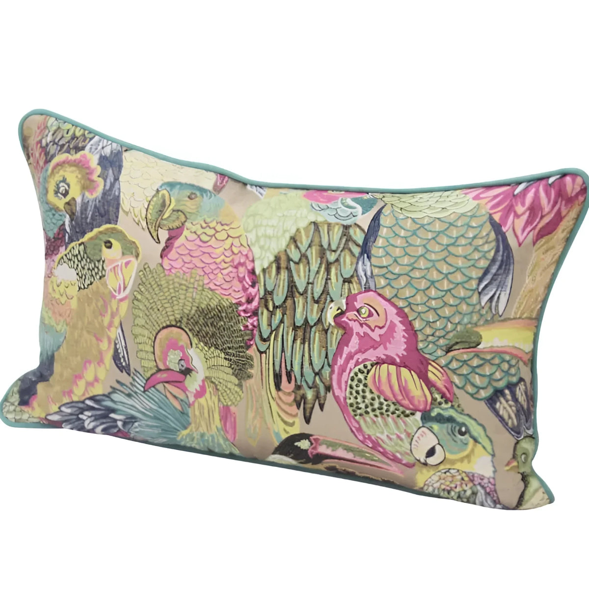Vibrant throw pillow featuring a colorful jungle aviary design with various exotic birds, perfect for adding a tropical touch to any decor.