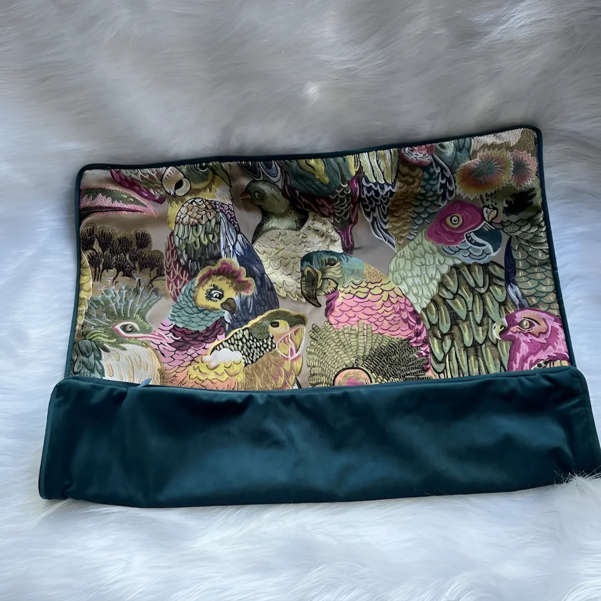 Opulent jungle aviary throw pillow cover featuring vibrant bird patterns in a colorful design, perfect for adding a touch of nature-inspired decor to any space.