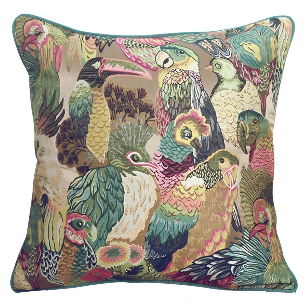 Colorful throw pillow featuring a vibrant jungle aviary design with various exotic birds and lush foliage, perfect for adding a tropical touch to any living space.