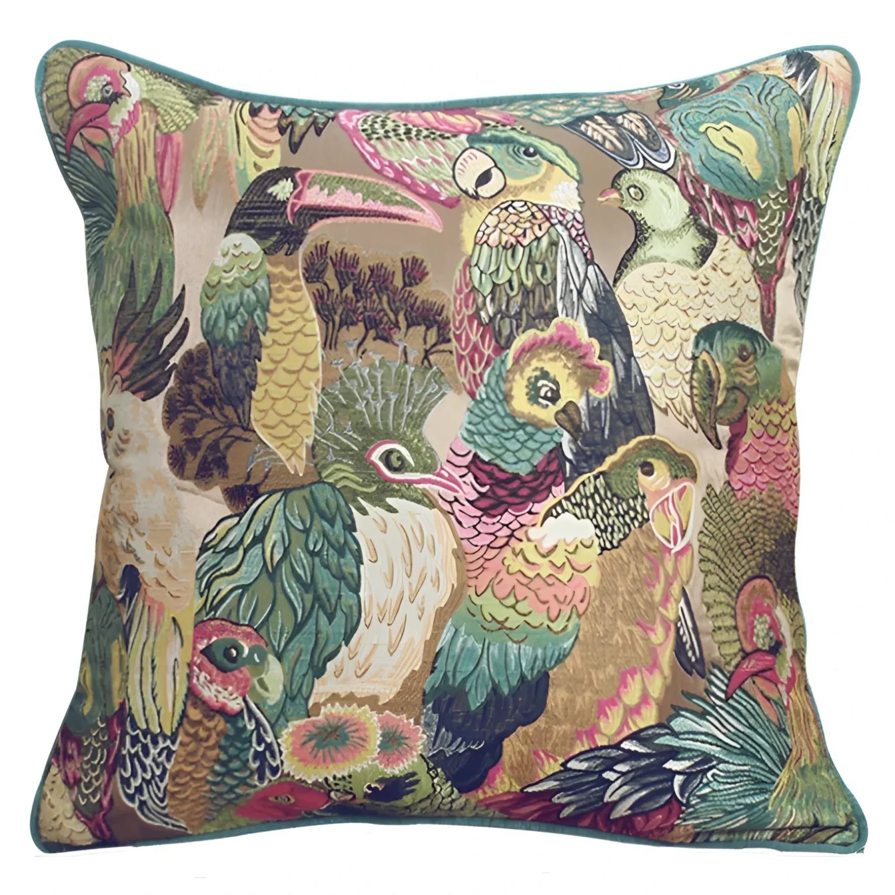 Colorful throw pillow featuring a vibrant jungle aviary design with various exotic birds and lush foliage, perfect for adding a tropical touch to any living space.