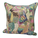 Colorful throw pillow featuring an intricate design of various tropical birds in an opulent jungle setting, perfect for adding a vibrant touch to any home decor.