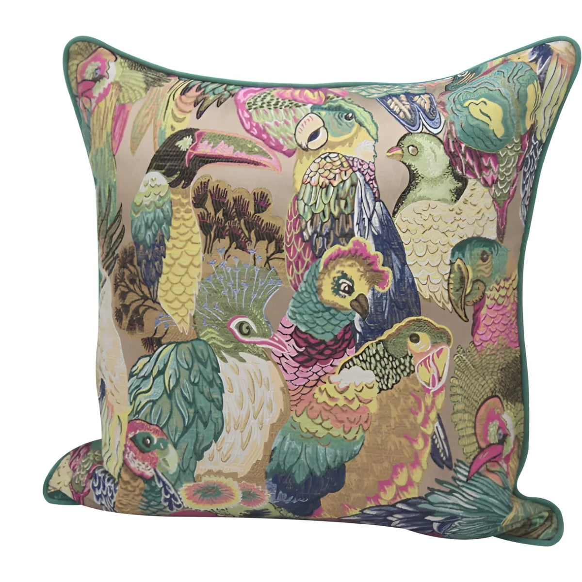 Colorful throw pillow featuring an intricate design of various tropical birds in an opulent jungle setting, perfect for adding a vibrant touch to any home decor.