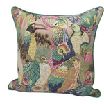 Colorful throw pillow featuring an intricate design of various tropical birds in an opulent jungle setting, perfect for adding a vibrant touch to any home decor.
