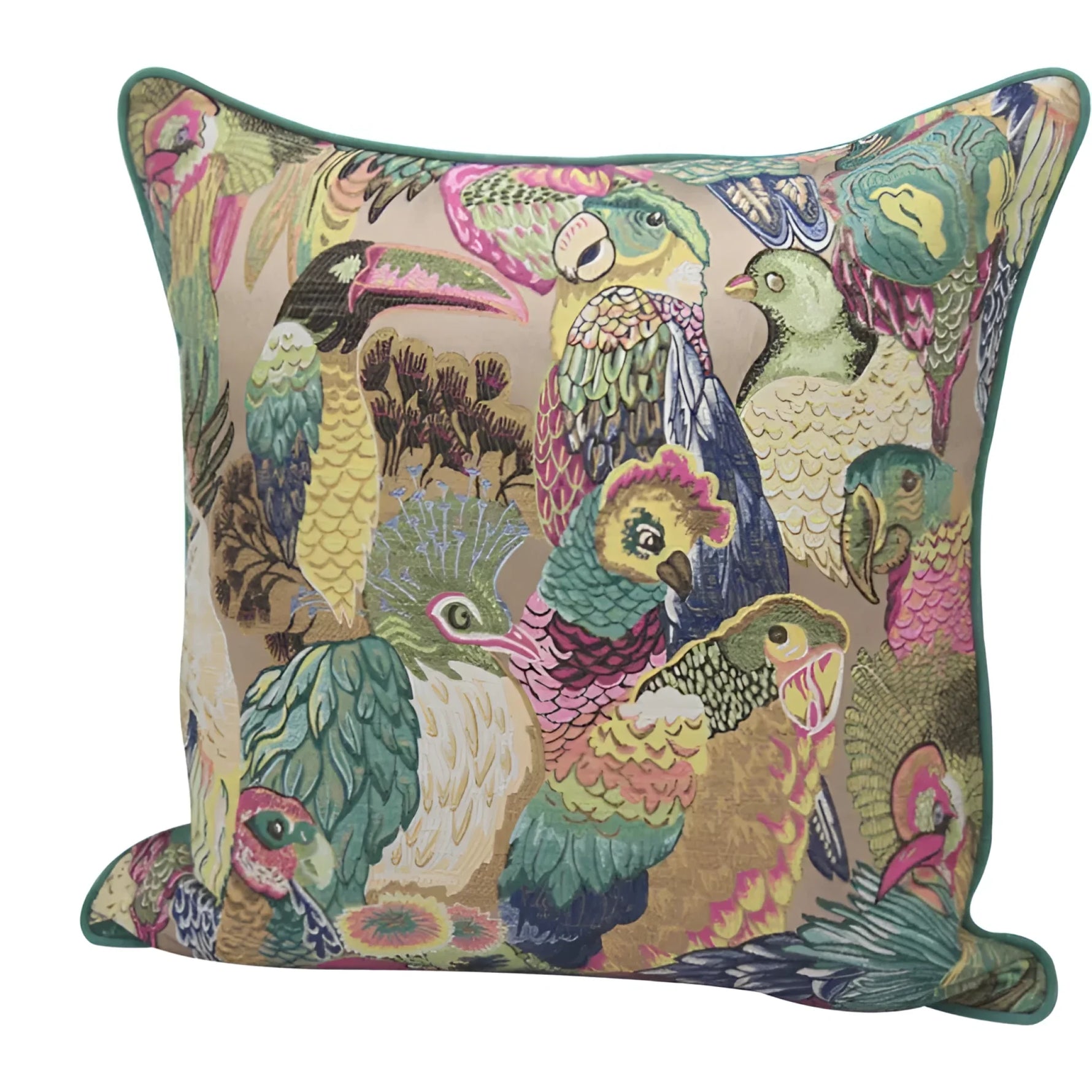 Colorful throw pillow featuring an intricate design of various tropical birds in an opulent jungle setting, perfect for adding a vibrant touch to any home decor.