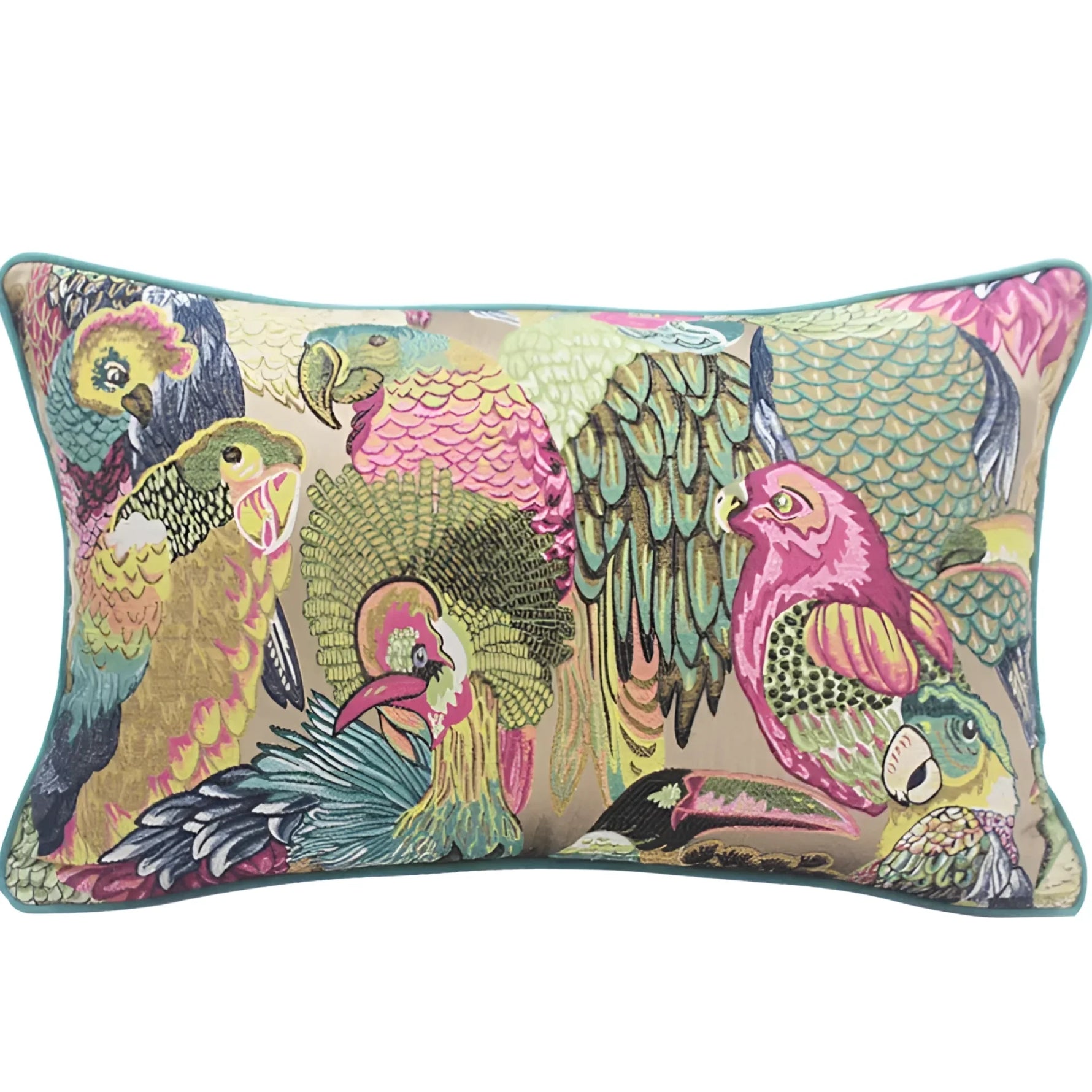 Colorful throw pillow featuring vibrant parrot designs, perfect for adding a tropical touch to any decor.