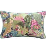 Colorful throw pillow featuring a vibrant jungle aviary design with various parrot illustrations.