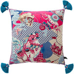 Vibrant throw pillow featuring an opulent oriental design with mythical beasts, including a guardian lion and elephant motifs, adorned with colorful tassels.