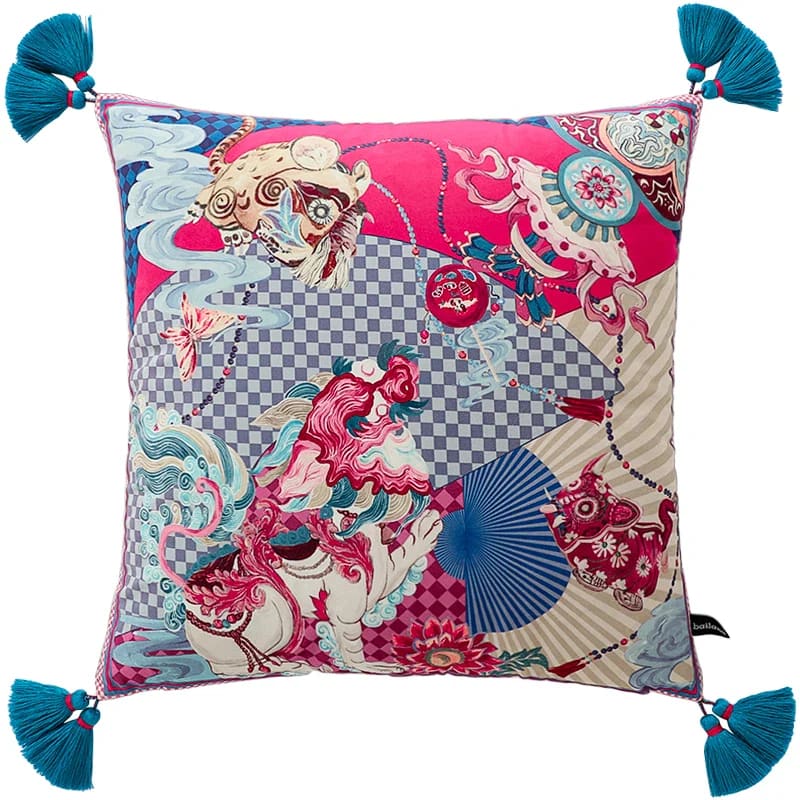 Vibrant throw pillow featuring an opulent oriental design with mythical beasts, including a guardian lion and elephant motifs, adorned with colorful tassels.