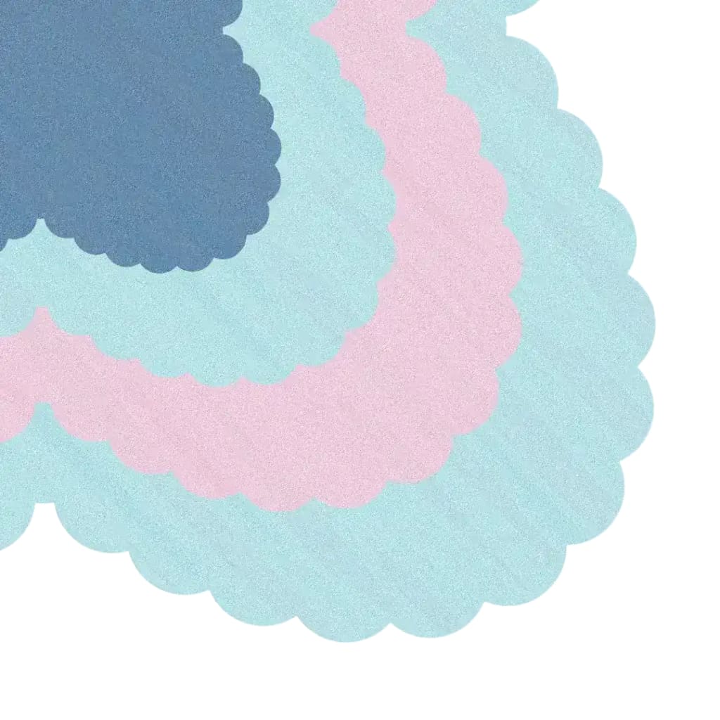 Top view of the Opulent Waves Blue Pink Hand Tufted Wool Rug, showcasing an elegant blend of blue and pink in a contemporary design. This square area rug is perfect for adding a touch of luxury to living rooms, especially in an 8x10 layout. Ideal as a wool rug, it brings a modern twist to traditional Persian rugs, making it a standout piece among area rugs for living rooms.