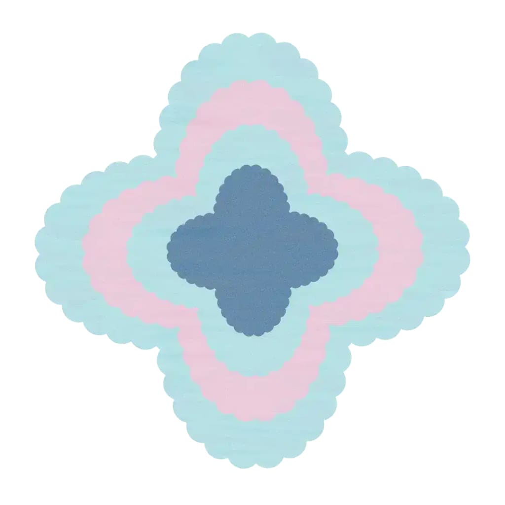 Top view of the Opulent Waves Blue Pink Hand Tufted Wool Rug, showcasing its unique geometric design. This contemporary square area rug features a blend of soothing blue and pink hues, perfect for adding a touch of elegance to any living room. Ideal for those seeking a luxurious wool rug in an 8x10 size, it harmonizes beautifully with both modern and traditional décor styles, reminiscent of Persian rugs.