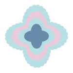 Top view of the Opulent Waves Blue Pink Hand Tufted Wool Rug, showcasing its unique geometric design. This contemporary square area rug features a blend of soothing blue and pink hues, perfect for adding a touch of elegance to any living room. Ideal for those seeking a luxurious wool rug in an 8x10 size, it harmonizes beautifully with both modern and traditional décor styles, reminiscent of Persian rugs.