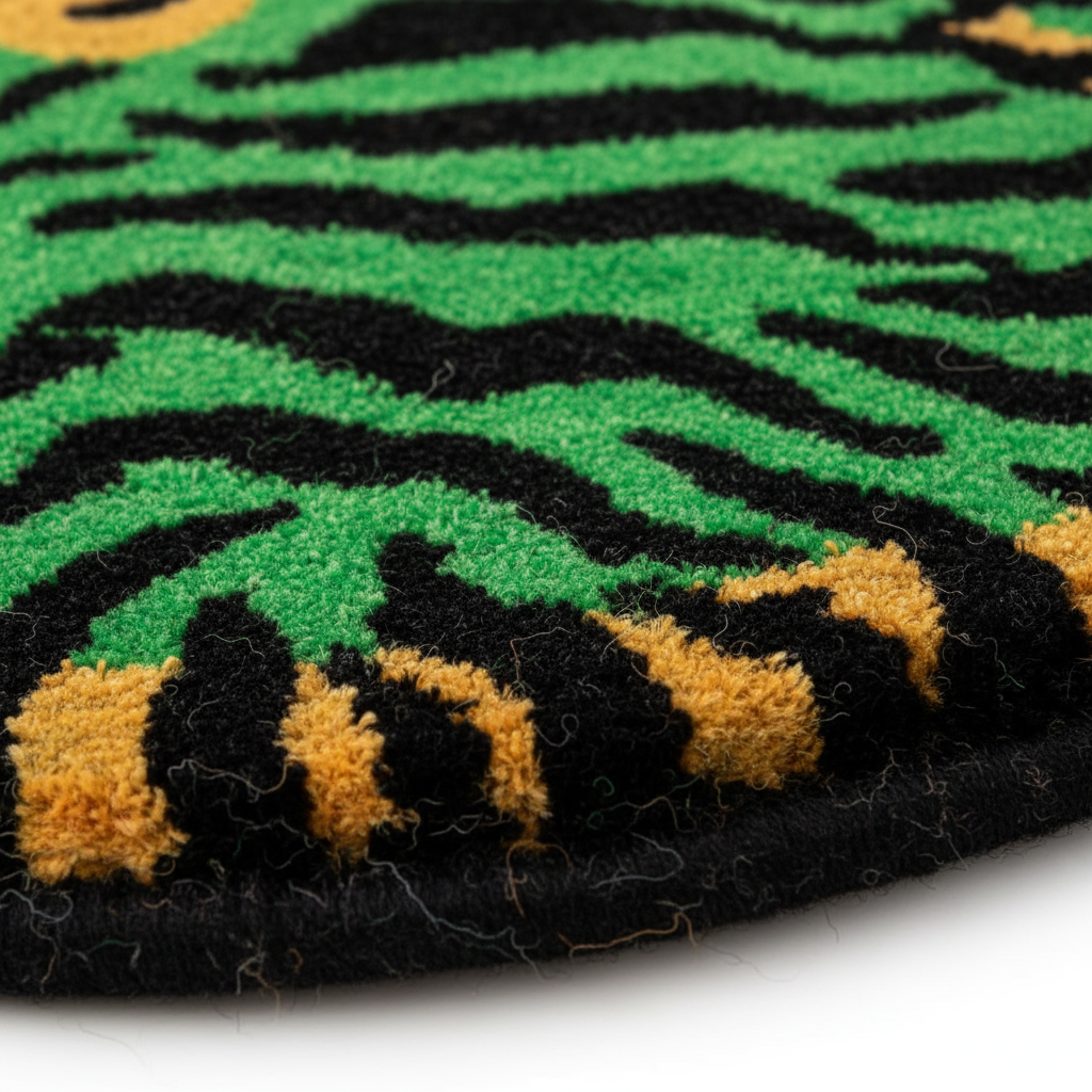 Close-up of a green, black, and gold patterned rug.