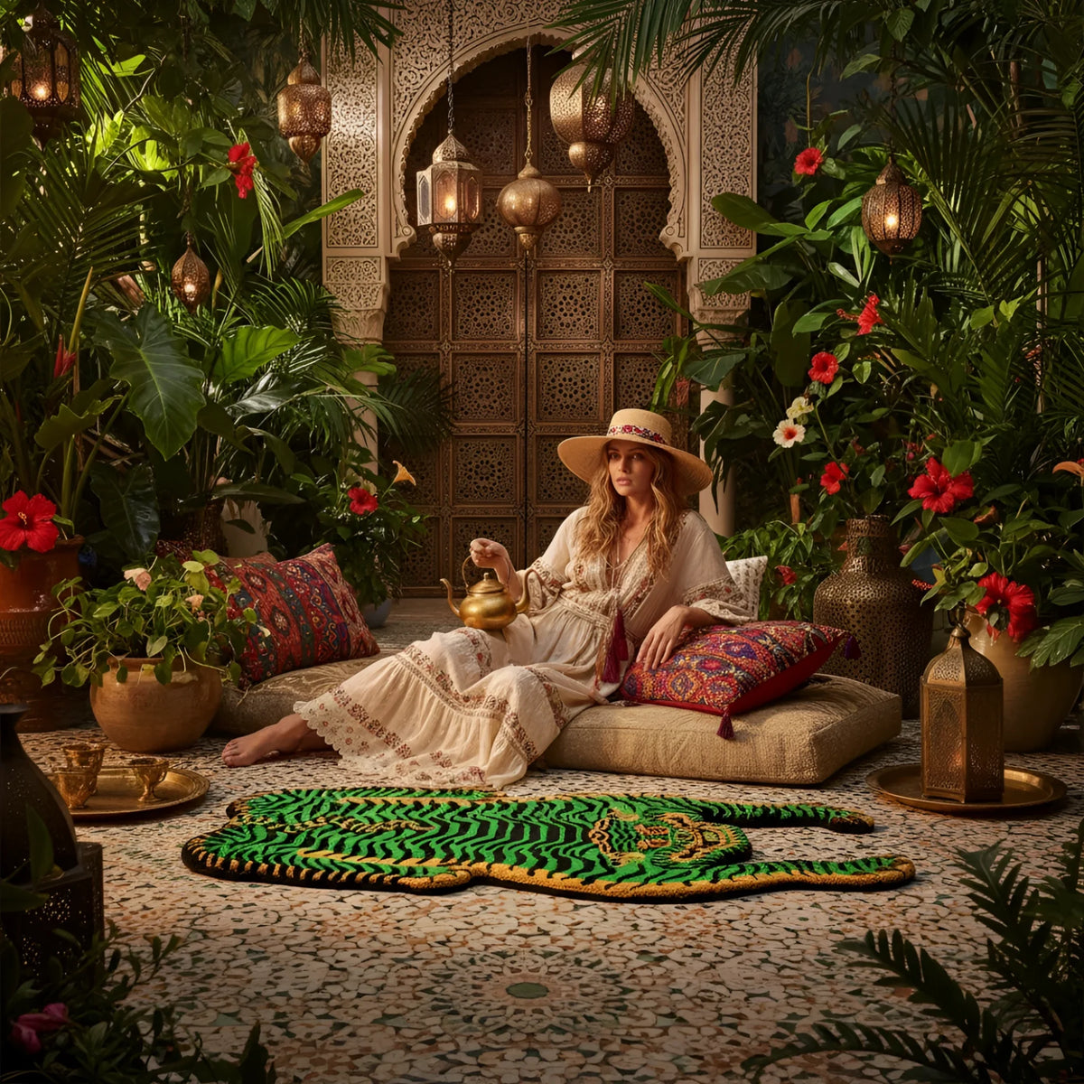 Woman in a decorative indoor setting with plants and lanterns