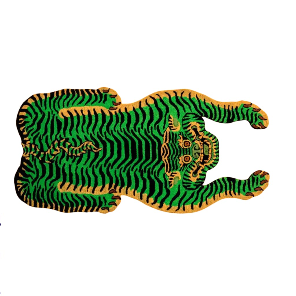 A vibrant area rug featuring an abstract design of an orange and green tiger, perfect for adding a vintage touch to your bedroom or office. This wool rug offers a striking accent piece with its bold colors and unique pattern, ideal for those seeking distinctive bedroom rugs or office rugs.