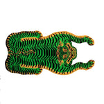 A vibrant area rug featuring an abstract design of an orange and green tiger, perfect for adding a vintage touch to your bedroom or office. This wool rug offers a striking accent piece with its bold colors and unique pattern, ideal for those seeking distinctive bedroom rugs or office rugs.