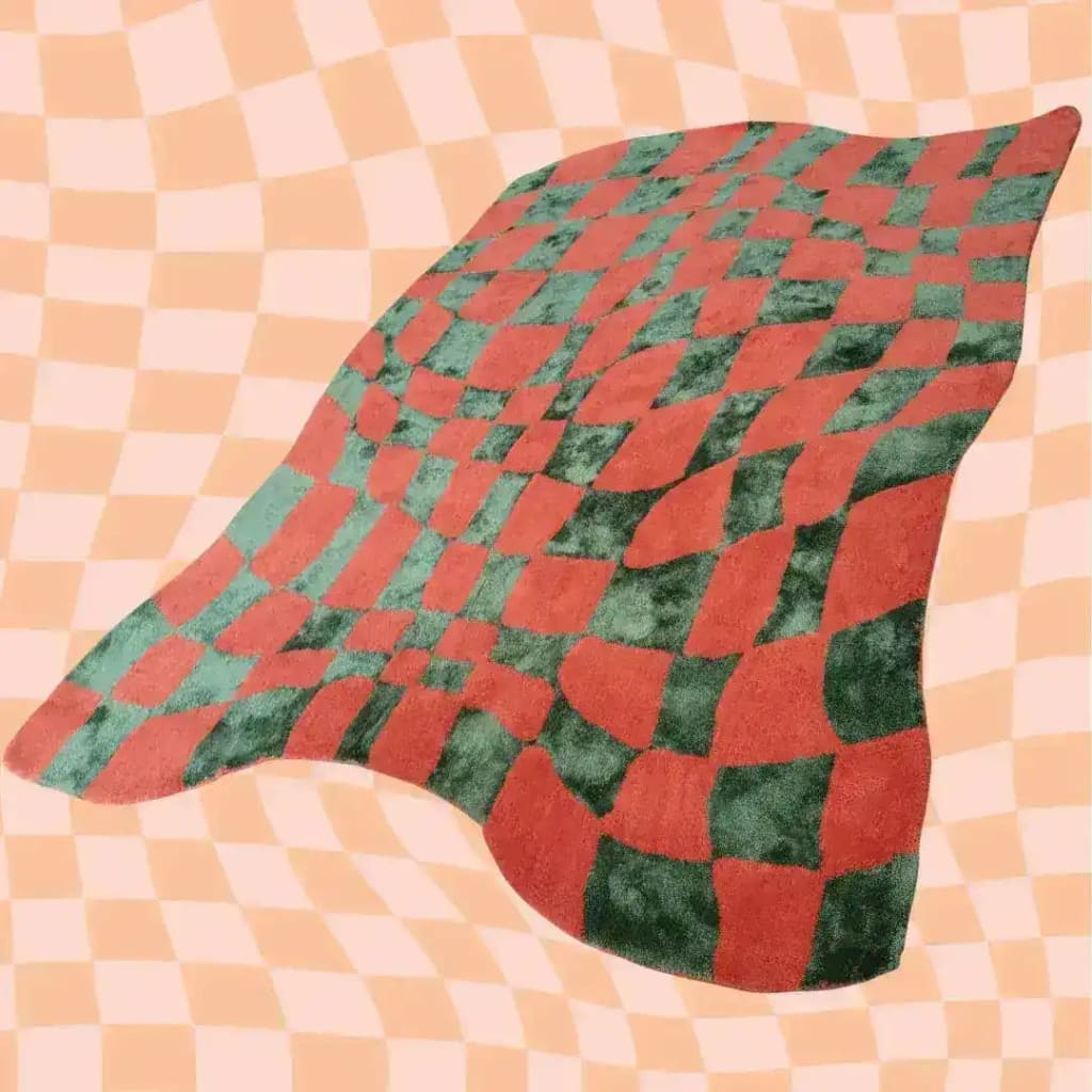 A vibrant orange and green wavy checker pattern hand-tufted wool area rug, perfect for adding a bold statement to your living room or hallway. This large area rug combines a vintage charm with modern design, suitable as a living room rug 8x10 or a hallway runner rug. Made from high-quality wool, it's also ideal as a kitchen runner rug or a bathroom runner rug, providing a stylish and cozy touch to any space.
