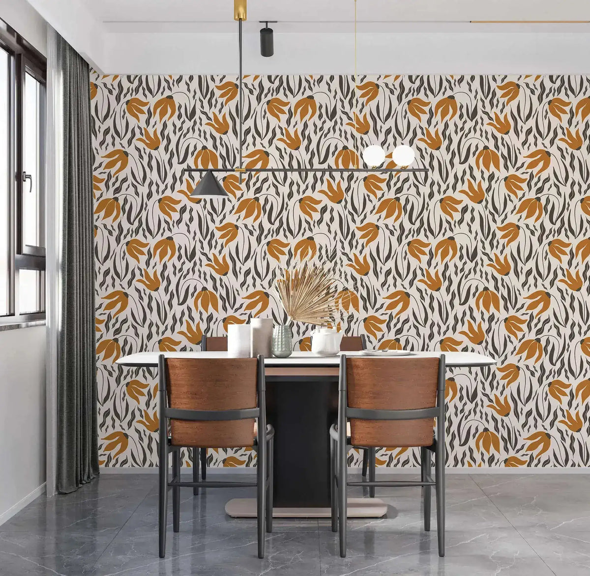 Orange Blossom Symphony Wallpaper of amber leaf and charcoal motifs behind a dark wood dining table with brown chairs.