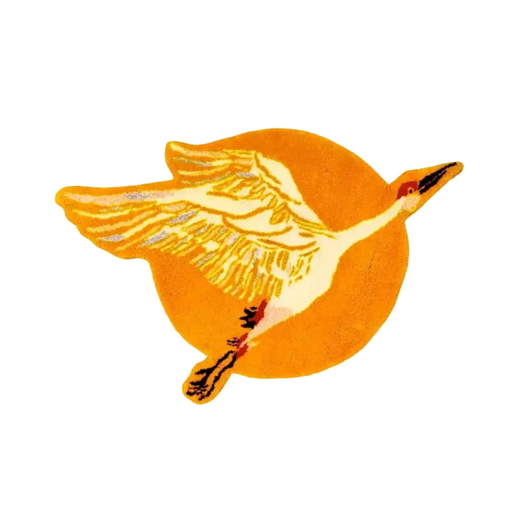 Beautifully crafted hand-tufted wool rug featuring an elegant crane flying over a vibrant orange sun. This area rug is perfect for large living rooms, offering a unique round design that adds a touch of Chinoiserie elegance to any living space.