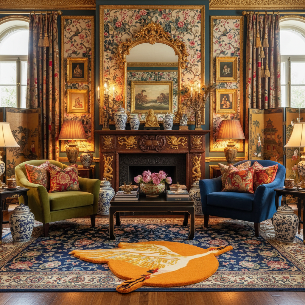 Orange Chinoiserie Crane over the Sun Hand Tufted Wool Rug