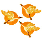 Vibrant orange Chinoiserie crane design on a hand-tufted wool area rug. Perfect for adding a touch of elegance to your dining room or living room. This unique round rug features three cranes soaring across a warm sun backdrop, ideal for those looking to enrich their living room and dining room spaces with a stylish wool rug.