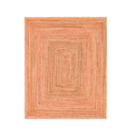 A vibrant orange hand-braided jute area rug, perfect for adding a touch of warmth to large living rooms or offices. The rug showcases a geometric pattern, making it an eye-catching centerpiece for any space.