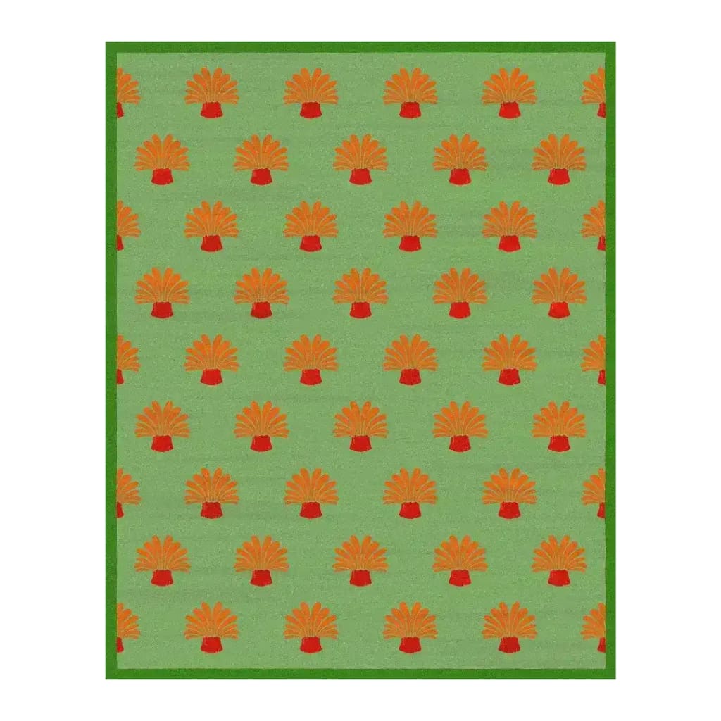 This vibrant area rug features a playful design of orange palm trees against a soothing green background, perfect for adding a touch of nature and warmth to any office space. The tufted wool material ensures a soft and durable surface, making it ideal for large area rugs and a stylish choice for rugs in the office.