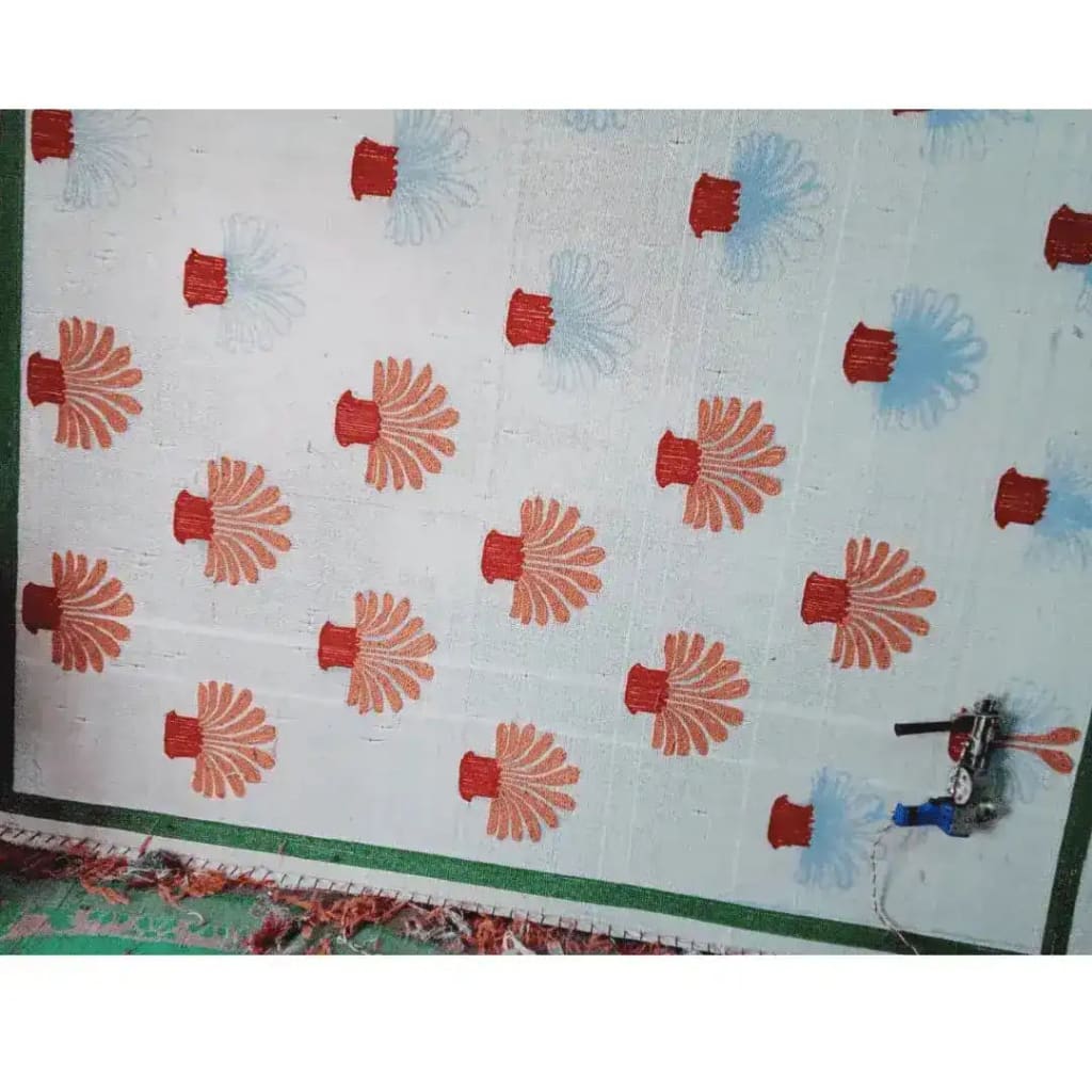 This image showcases a unique Orange Palm Trees Green Tufted Wool Rug, ideal for adding a touch of style to your office space. The large area rug features a playful pattern of orange and blue palm tree motifs on a light background, perfect for those seeking quality wool rugs for office environments.