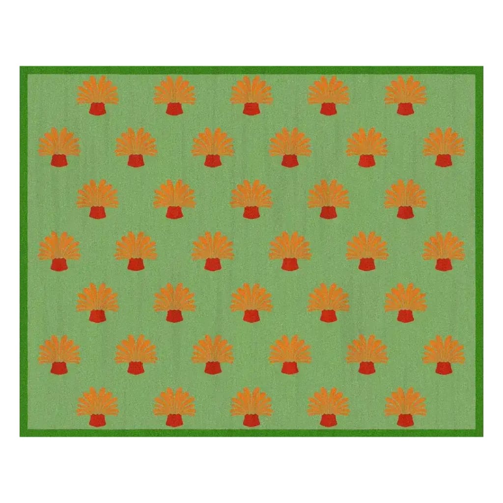 This vibrant area rug features a lively pattern of orange palm trees against a fresh green background, crafted from tufted wool. Perfect for adding a splash of color to any bedroom or living room, this wool rug combines style and comfort seamlessly.