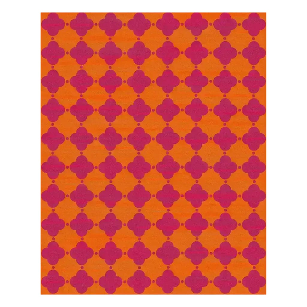 Experience the vibrant charm of the Clovers Hand Tufted Rug, an 8 x 10 ft area rug perfect for your living room. This wool rug features a striking pattern of bold purple clovers against a bright orange background, adding a lively touch to any space.